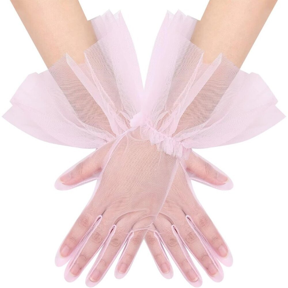 Women's Puffy Ruffle Pink Tulle Sheer Mesh Party Prom One Size Short Gloves